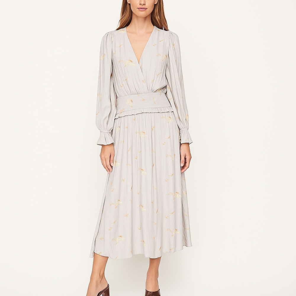 Elegant Light Gray Floral Long-Sleeve Midi Dress